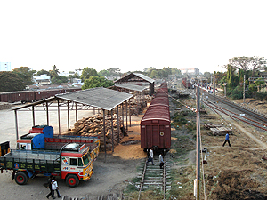 Goods from wagons about to be loaded on trucks
